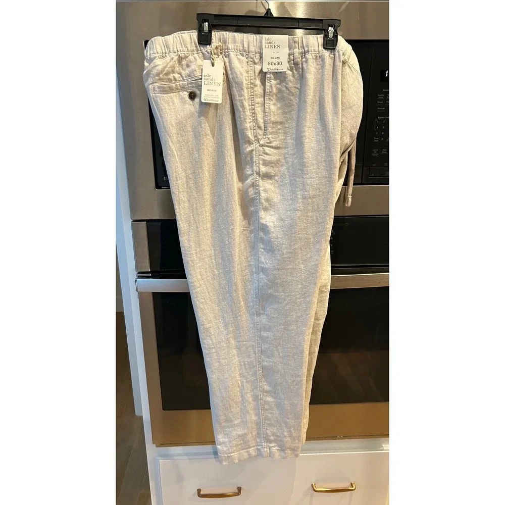 Men's Caribbean isle sands linen pants elastic waist big man 50 x 30 beige